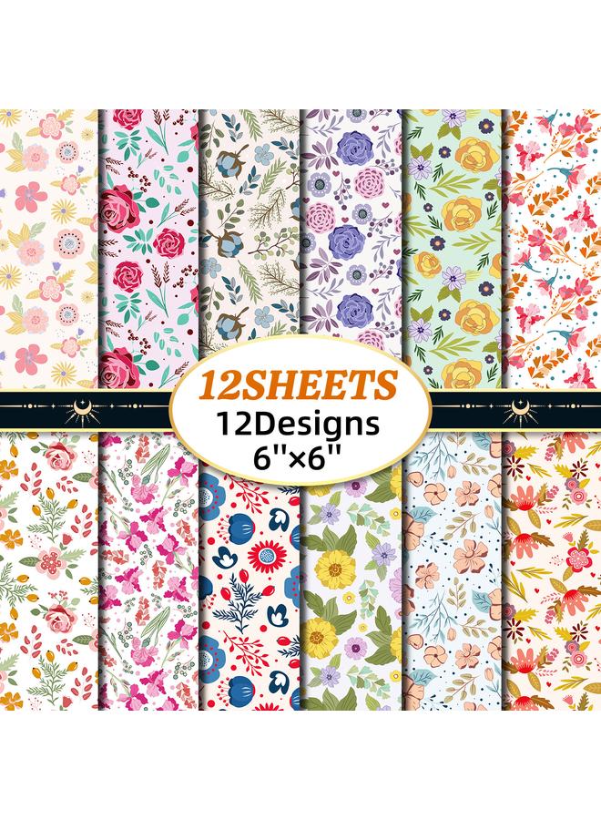 Bluejw 12 Sheets/pack Of Material Paper Fresh Floral DIY Decorative Hand Card Valentine's Day Background Paper - Image 1