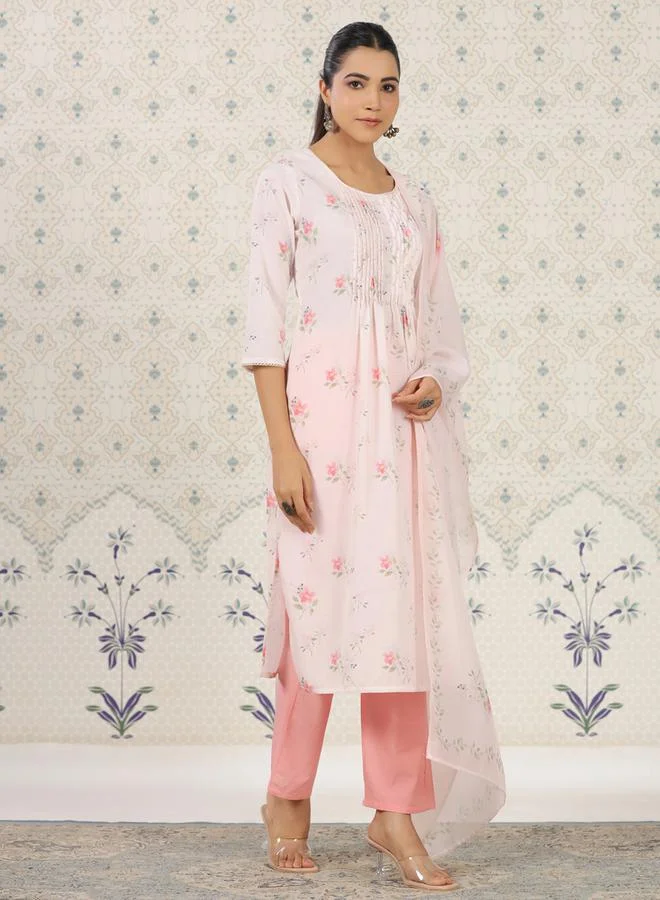 DW Floral Printed Pleated Kurta and Trousers with Dupatta Set by Styli