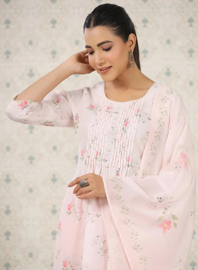 DW Floral Printed Pleated Kurta and Trousers with Dupatta Set by Styli