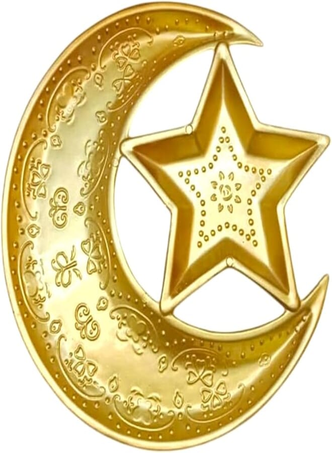 Decorative Crescent Moon and Star Plate for Ramadan-Gold-Toned Plastic Serving Dish for Nuts-Golden Star & Crescent Plate for Ramadan Sweets - holder for delicious sweets and nuts