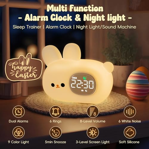 Aokpsrt Bunny Alarm Clock with Night Light for Kids with Sleep Training and Sound Machine Rechargeable Silicone Lamp OK to Wake ClockCute Animal Tabletop Lamp Perfect Sleep Companion for Boys Girls - Image 3