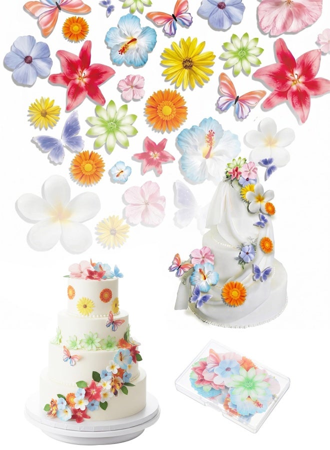 60 PCS Edible Flower Cake Decorations Wafer Paper Flowers Hawaiian Flower Leaves Cake Decor Daisy Cupcake Topper Mixed Size for Colourful Tropical Themed Baby Shower Birthday Party Supplies - Image 1
