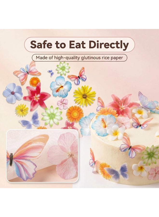 60 PCS Edible Flower Cake Decorations Wafer Paper Flowers Hawaiian Flower Leaves Cake Decor Daisy Cupcake Topper Mixed Size for Colourful Tropical Themed Baby Shower Birthday Party Supplies - Image 3