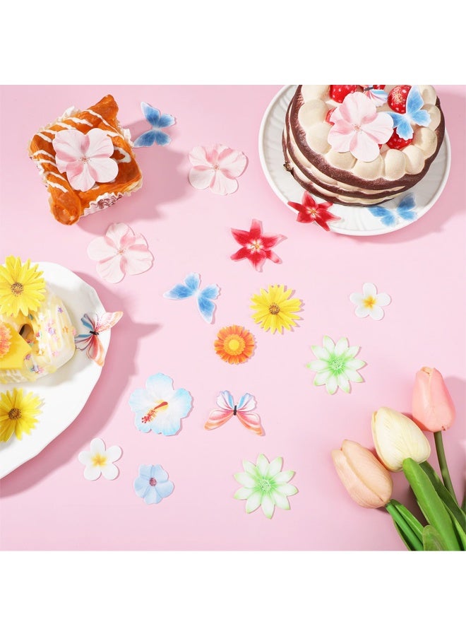 60 PCS Edible Flower Cake Decorations Wafer Paper Flowers Hawaiian Flower Leaves Cake Decor Daisy Cupcake Topper Mixed Size for Colourful Tropical Themed Baby Shower Birthday Party Supplies - Image 4
