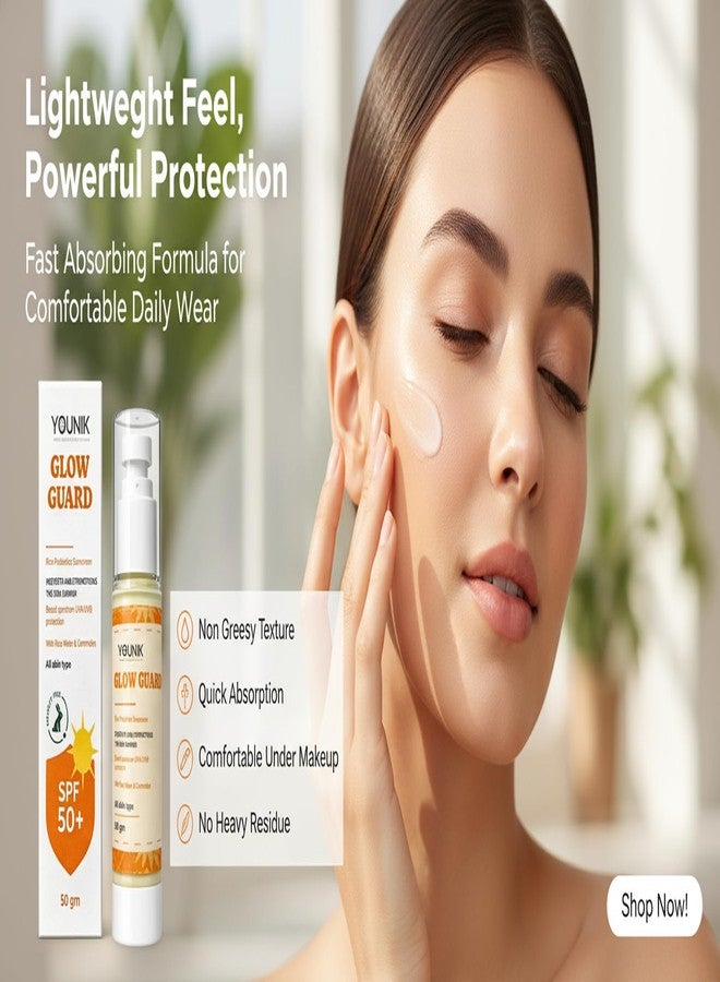 Younik Glow Guard Rice Probiotics Sunscreen SPF 50+ PA+++ | Lightweight Broad Spectrum Sun Protection Cream for Face & Body | Non Greasy Moisturizing UV Protection Sunscreen for Men & Women - Image 4