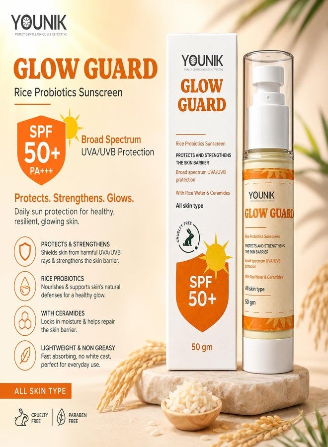Younik Glow Guard Rice Probiotics Sunscreen SPF 50+ PA+++ | Lightweight Broad Spectrum Sun Protection Cream for Face & Body | Non Greasy Moisturizing UV Protection Sunscreen for Men & Women - Image 5