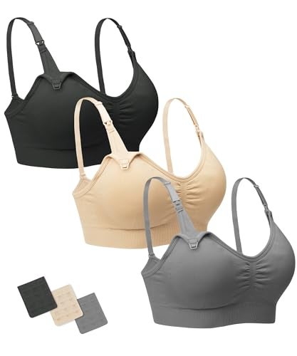 Stelle Nursing Bras Maternity Bra for Breastfeeding Pregnancy Wireless Bralette with Pads, Extenders (Black+Gray+Beige,M) - Image 1
