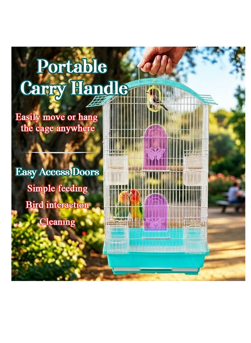 NNC PETS Small bird cage with Perches, Feeders and Swing, Ideal for Parakeets, Lovebirds, and Small Parrots, 62 cm Metal bird cage with Hanging, Pull-out tray, Portable, Durable and Top-Roof Design (Cyan) - Image 4