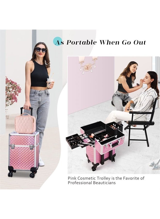 Stagiant Rolling Makeup Train Case Large Cosmetic Suitcase Trolley Makeup Luggage Storage Box 4 Tray with Sliding Rail Removable Middle Layer Swivel Wheels Salon Barber Case Traveling Cart Trunk  - Image 1