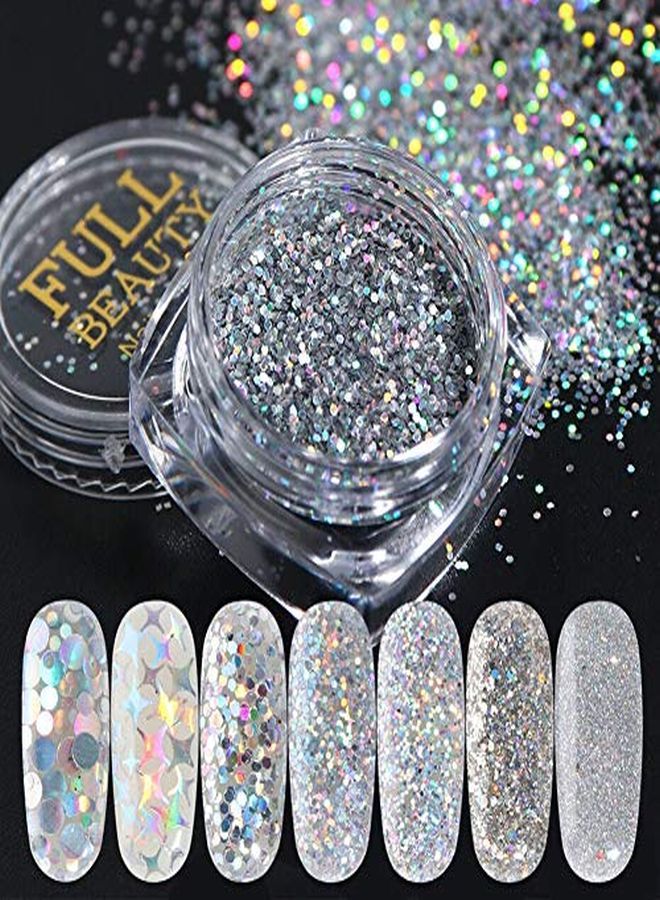 Kissbuty Holographic Nail Art Sequins Glitter Kits, 8 Boxes Holographic Nails Powder Nail Art Sequins Metallic Shining Flakes Silver Nail Glitter Set For Nails Art Decoration Holographic Manicure - Image 2