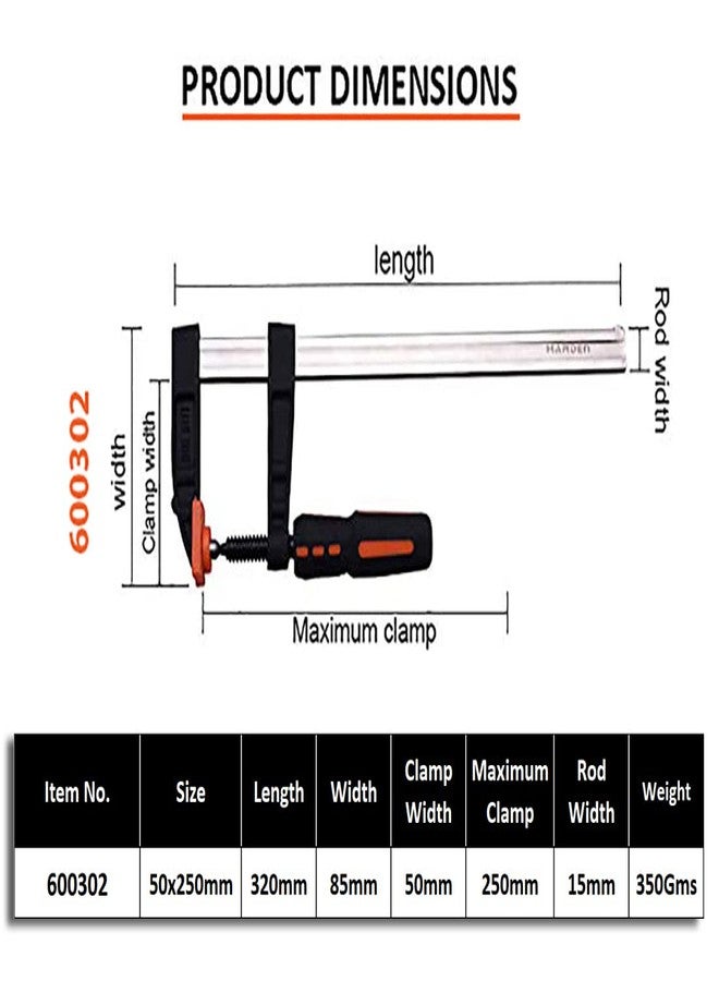 Harden 50mm X 250mm Heavy Duty Wood Working F Clamp - Non-Slip PVC + Rubber Handle, Double-Sided Card Teeth, Strong Clamping - 600302 (Set of 2 Pcs) - Image 3