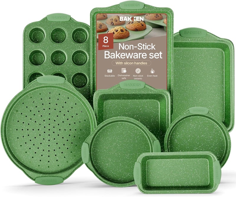 BAKKENMASTER BAKKEN Kitchen Baking Pan Set - Nonstick Green Marble Coating, Carbon Steel Bakeware Sets with Green Silicone Handles, Kitchen Essentials, PFOA, PFOS, PTFE Free, Oven Safe (Up To 450° F), Set of 8 - Image 1