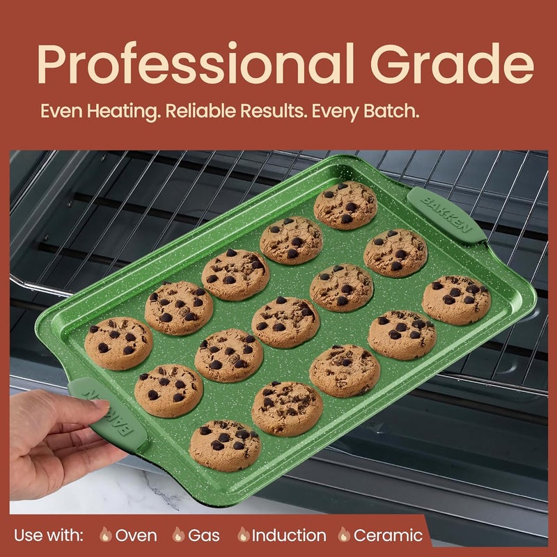 BAKKENMASTER BAKKEN Kitchen Baking Pan Set - Nonstick Green Marble Coating, Carbon Steel Bakeware Sets with Green Silicone Handles, Kitchen Essentials, PFOA, PFOS, PTFE Free, Oven Safe (Up To 450° F), Set of 8 - Image 3