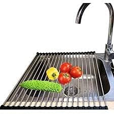 SHREESAMP Large Multipurpose Dish Drying Rack RollUP Silicone Stainless Steel Kitchen Drainer Rolling Over The Fruit Vegetable Strainer Sink Rolling Dish Foldable Rack Mat Black 52x40x1 CM - Image 5