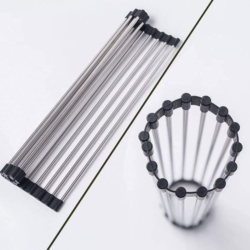 SHREESAMP Large Multipurpose Dish Drying Rack RollUP Silicone Stainless Steel Kitchen Drainer Rolling Over The Fruit Vegetable Strainer Sink Rolling Dish Foldable Rack Mat Black 52x40x1 CM - Image 2
