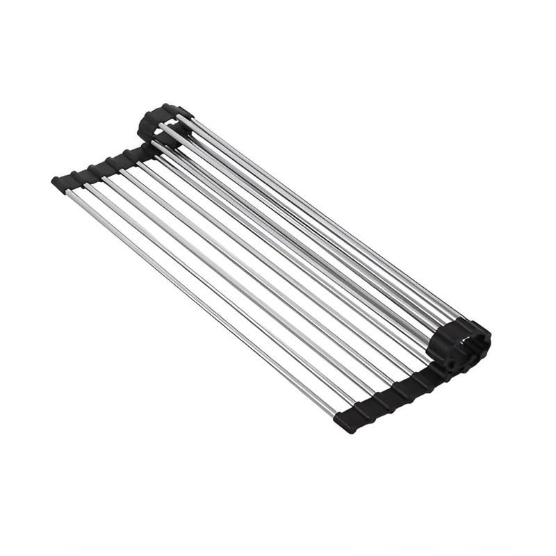 SHREESAMP Large Multipurpose Dish Drying Rack RollUP Silicone Stainless Steel Kitchen Drainer Rolling Over The Fruit Vegetable Strainer Sink Rolling Dish Foldable Rack Mat Black 52x40x1 CM - Image 1