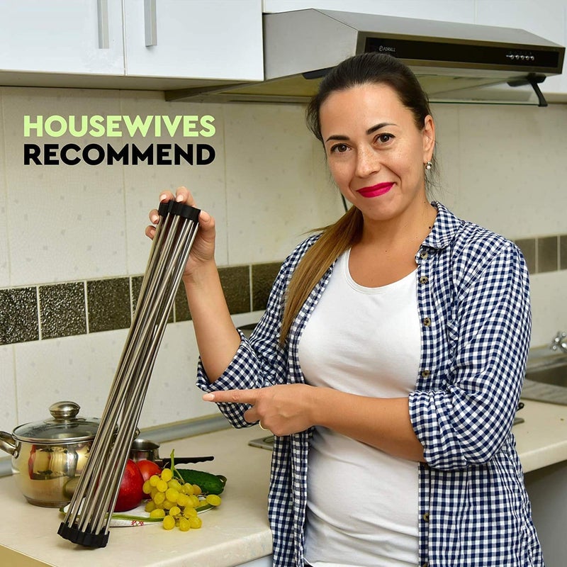 SHREESAMP Large Multipurpose Dish Drying Rack RollUP Silicone Stainless Steel Kitchen Drainer Rolling Over The Fruit Vegetable Strainer Sink Rolling Dish Foldable Rack Mat Black 52x40x1 CM - Image 3