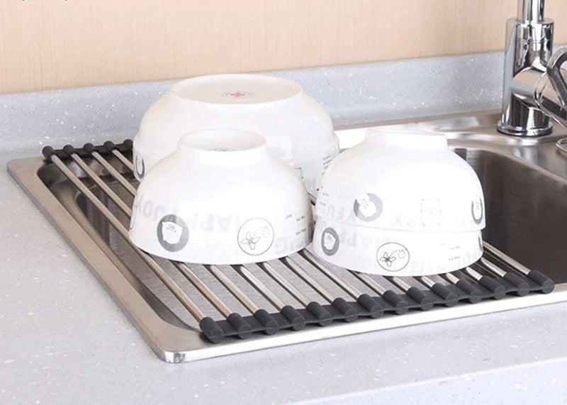 SHREESAMP Large Multipurpose Dish Drying Rack RollUP Silicone Stainless Steel Kitchen Drainer Rolling Over The Fruit Vegetable Strainer Sink Rolling Dish Foldable Rack Mat Black 52x40x1 CM - Image 4