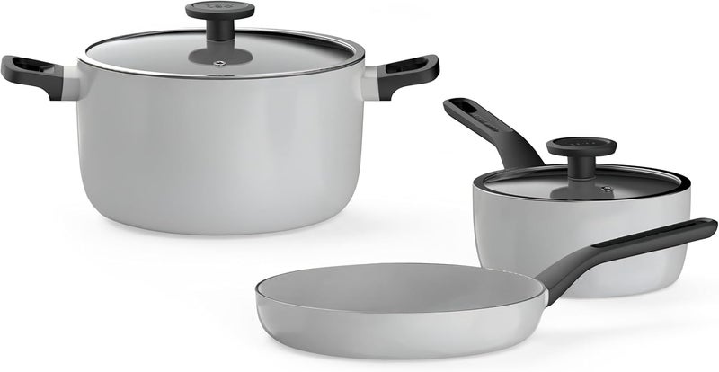 Berghoff Glints Nonstick Ceramic Cookware Set 5 Piece, Non-toxic, Stay-Cool Handles, 16 cm Saucepan, 24 cm Frying Pan, 24cm Stockpot PFAS & PFOA Free, Induction Base, Oven Safe, Spirit/Pearl Grey - Image 1