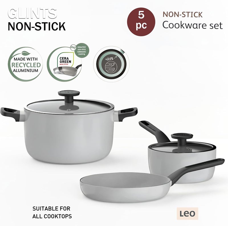 Berghoff Glints Nonstick Ceramic Cookware Set 5 Piece, Non-toxic, Stay-Cool Handles, 16 cm Saucepan, 24 cm Frying Pan, 24cm Stockpot PFAS & PFOA Free, Induction Base, Oven Safe, Spirit/Pearl Grey - Image 5