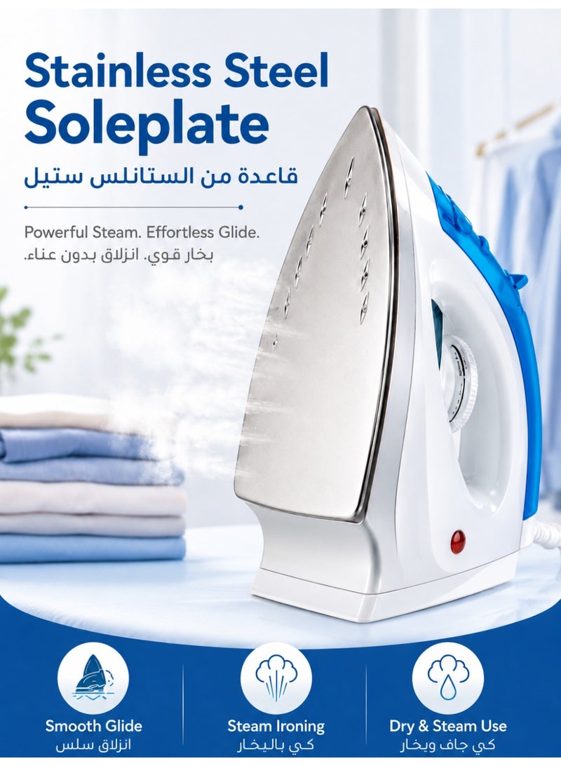 RUIYADA Steam Iron for Clothes, Electric Dry & Steam Iron with Stainless Steel Soleplate, Adjustable Temperature Control, Water Spray Function, Visible Water Tank, Smooth Glide Home Iron for Shirts, Thobe, Abaya & Daily Clothes Care - Image 1
