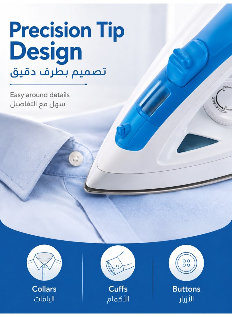 RUIYADA Steam Iron for Clothes, Electric Dry & Steam Iron with Stainless Steel Soleplate, Adjustable Temperature Control, Water Spray Function, Visible Water Tank, Smooth Glide Home Iron for Shirts, Thobe, Abaya & Daily Clothes Care - Image 4