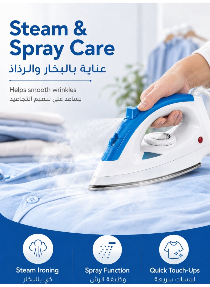 RUIYADA Steam Iron for Clothes, Electric Dry & Steam Iron with Stainless Steel Soleplate, Adjustable Temperature Control, Water Spray Function, Visible Water Tank, Smooth Glide Home Iron for Shirts, Thobe, Abaya & Daily Clothes Care - Image 2