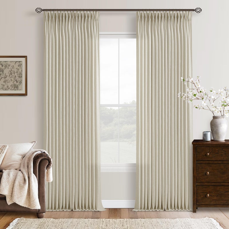 TWODRAPES 108 Inch Linen Pleated Curtains 2 Panels Set for Living Room Bedroom Farmhouse Rustic Farmhouse Back Tab Memory Trained Pinch Pleat Extra Window Curtain Tan Sand Beige 108 Inch Length for Office 9FT - Image 1