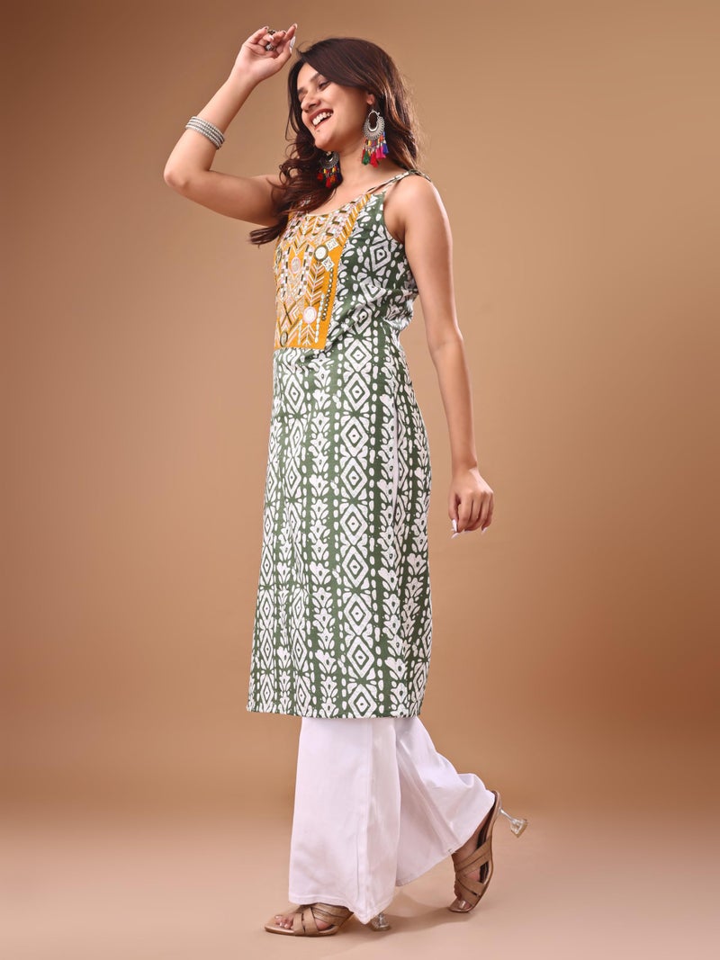 EthnicJunction Women's Cotton Blend Embroidered Batik Print Straight Shoulder Straps Sleeveless Kurta Green - Image 5