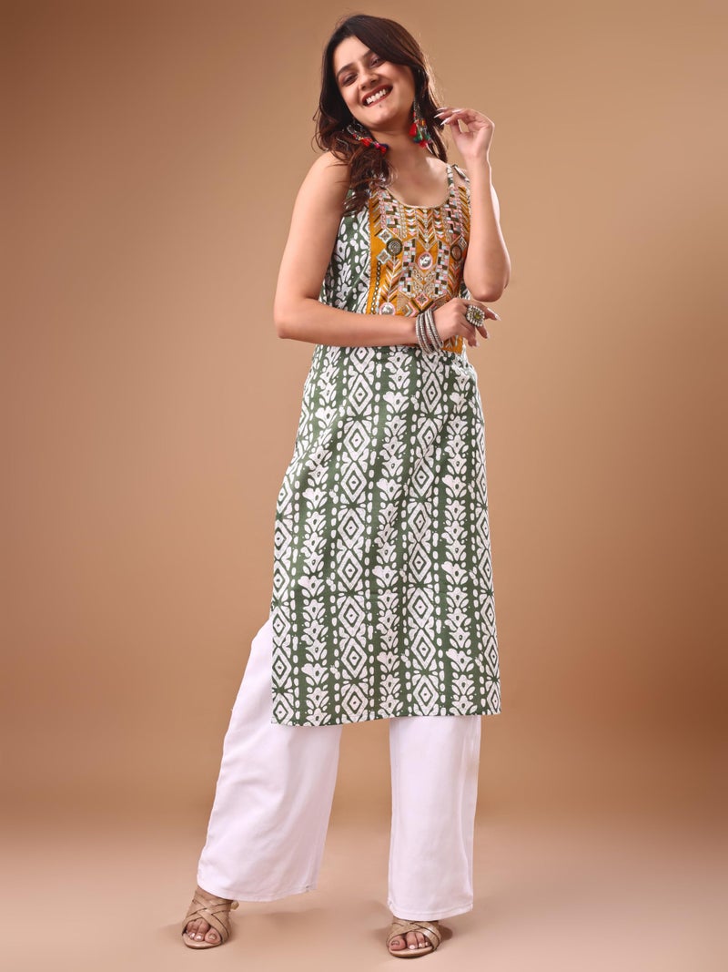 EthnicJunction Women's Cotton Blend Embroidered Batik Print Straight Shoulder Straps Sleeveless Kurta Green - Image 4