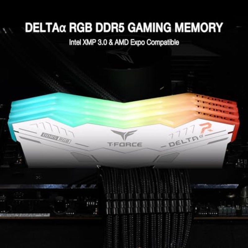 T-Force Delta Alpha RGB DDR5 Ram 64GB Kit 2x32GB 6000MHz (PC5-48000) CL38 Intel XMP 3.0 وAMD Expo وحدة ذاكرة سطح المكتب المتوافقة Ram White FF8D564G6000HC38JDC01 - Image 2