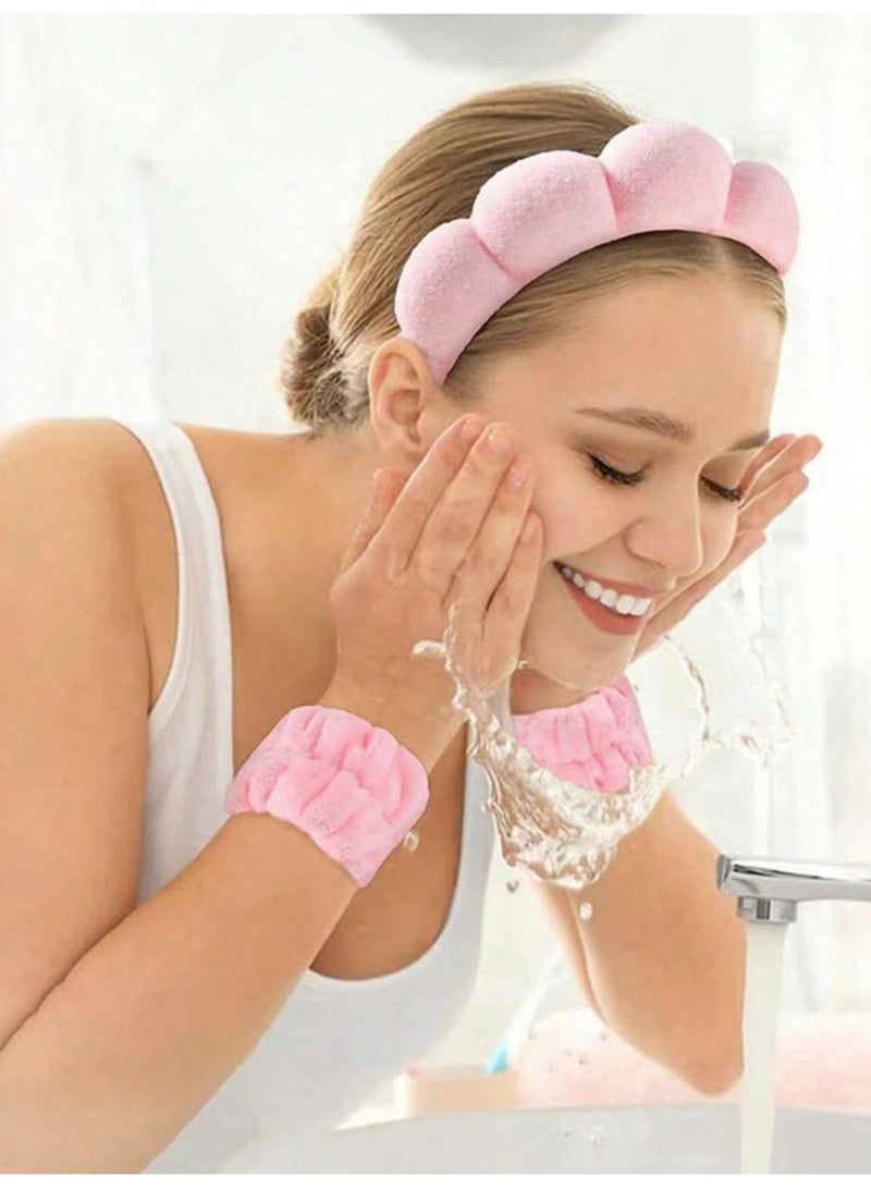 ام اس كيو طقم عصابة رأس سبا 3 قطع، عصابة رأس لغسل الوجه بتصميم سحابي مبطن مع أساور معصم لغسل الوجه، للعناية بالبشرة والمكياج وأقنعة الوجه (وردي فاتح) - Image 3