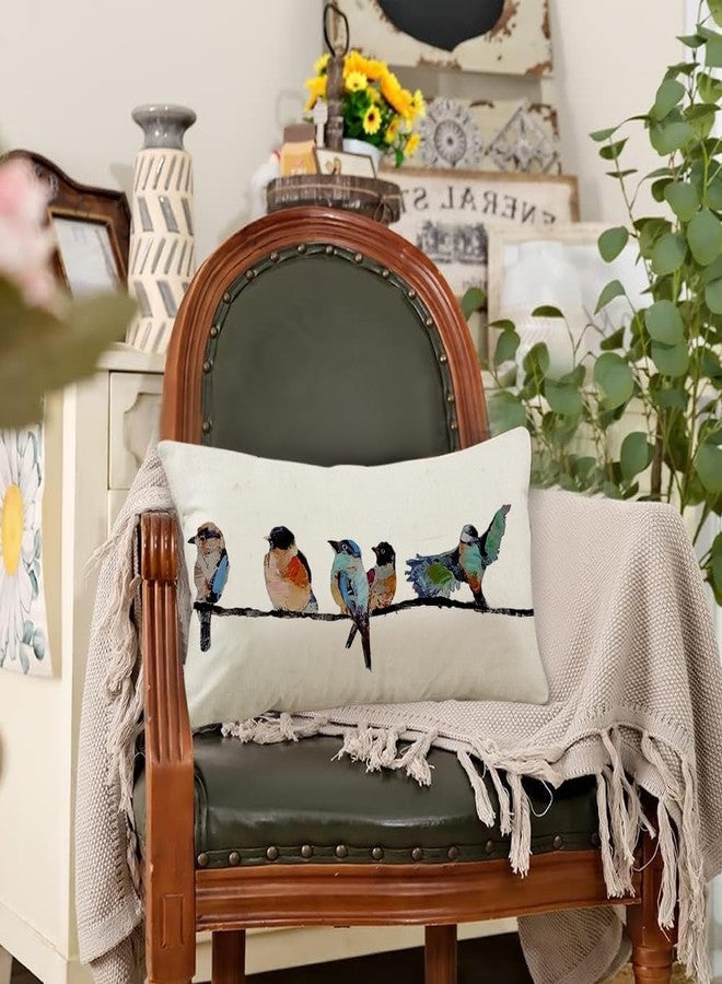 RABUSOFA 12x20 Lumbar Pillow Decorative Throw Pillows,Small Hand-Painted Outdoor Birds Pillowcases,Spring Summer Pillows Decorative Throw Cushion Covers Linen for Couch Sofa Teal Blue - Image 2