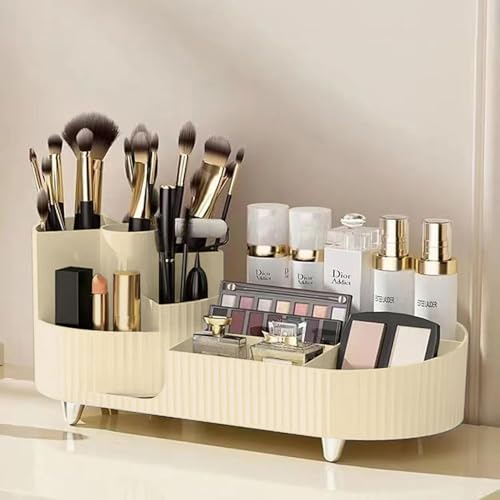 ALOXE Makeup Organisers | 360° Rotating Brush Holder & Elegant Organizer Storage Box for Dressing Table, Skincare, Cosmetics & Accessories (Ivory) - Image 1