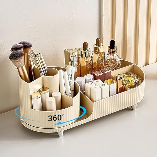 ALOXE Makeup Organisers | 360° Rotating Brush Holder & Elegant Organizer Storage Box for Dressing Table, Skincare, Cosmetics & Accessories (Ivory) - Image 5