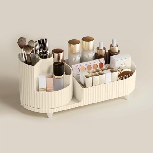 ALOXE Makeup Organisers | 360° Rotating Brush Holder & Elegant Organizer Storage Box for Dressing Table, Skincare, Cosmetics & Accessories (Ivory) - Image 3