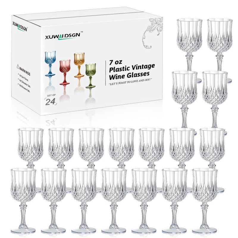 XUWAIDSGN 24 Pcs 7oz Plastic Vintage Wine Glasses Drinking Glasses Unbreakable Wedding Glassware Crystal Water Goblets Reusable Drinkware Vintage Champagne Flutes (24, Clear) - Image 1