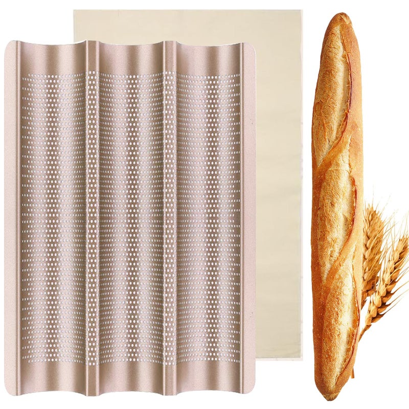 IME Baguette Baking Tray French Bread Pan 3 Baguettes Baking Molds Pan with Proofing Cloth NonStick Perforated Baguette Pan for Oven Baking