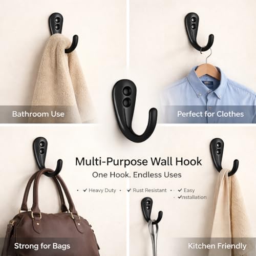 Colornest 2 Pcs Premium Wall Hook – Black Finish | Heavy Duty Metal Hook for Hanging Coats, Bags, Towels & More - Image 4
