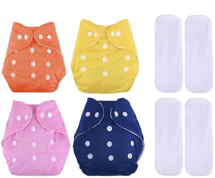 4NEwBiES Reusable Baby Cloth Nappies with Inserts, 4 Diapers and 4 Pads, Adjustable Size 3-15 kg, Multi-Colour (Pack of 4) - Image 1