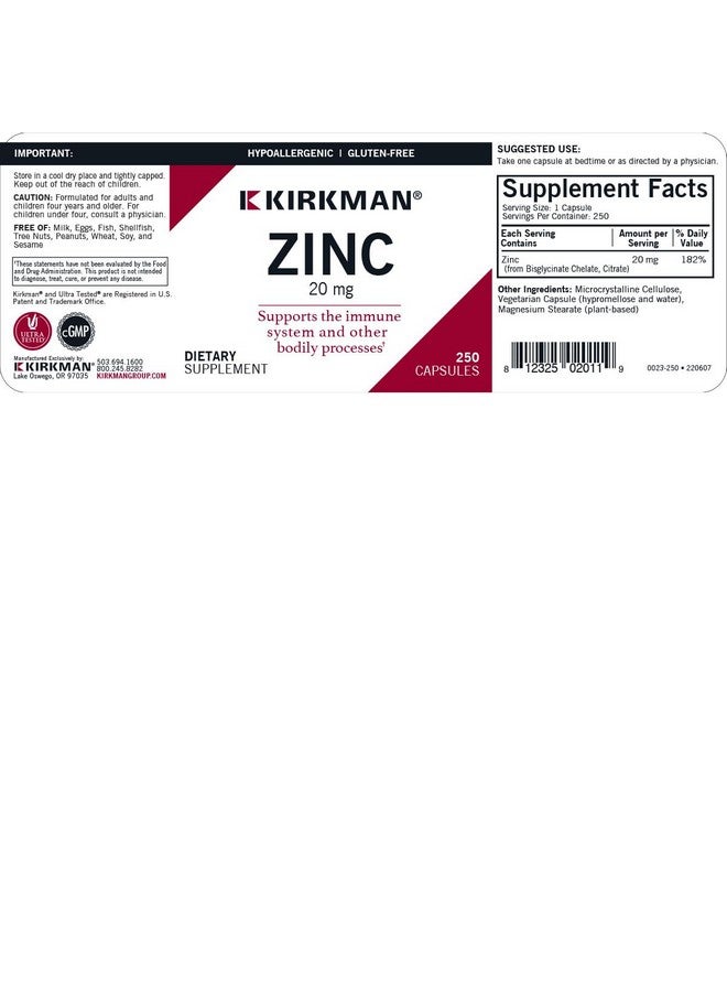 Kirkman - Zinc 20mg - 250 Capsules - Immune Support - High Absorption - Hypoallergenic - Image 2