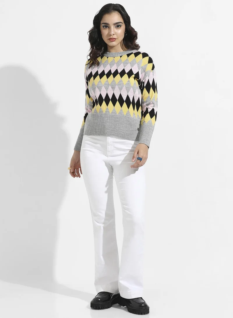 Campus Sutra Women's Multicolour Argyle Knitted Pullover Sweater