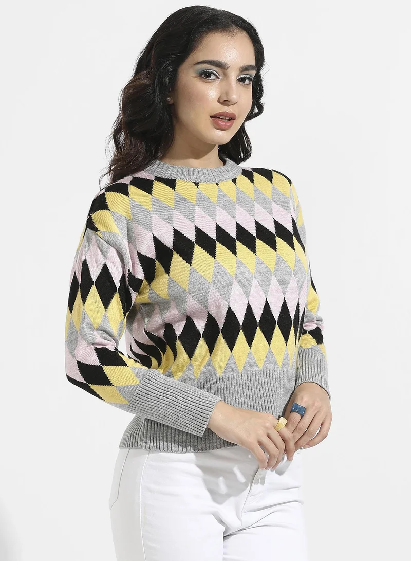 Campus Sutra Women's Multicolour Argyle Knitted Pullover Sweater