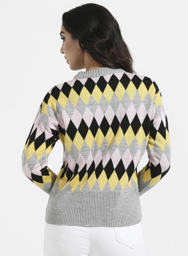 Campus Sutra Women's Multicolour Argyle Knitted Pullover Sweater