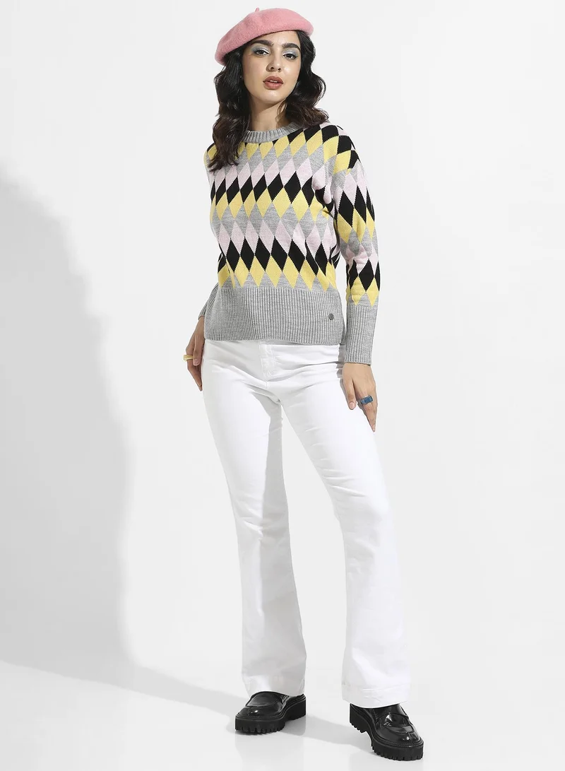 Campus Sutra Women's Multicolour Argyle Knitted Pullover Sweater