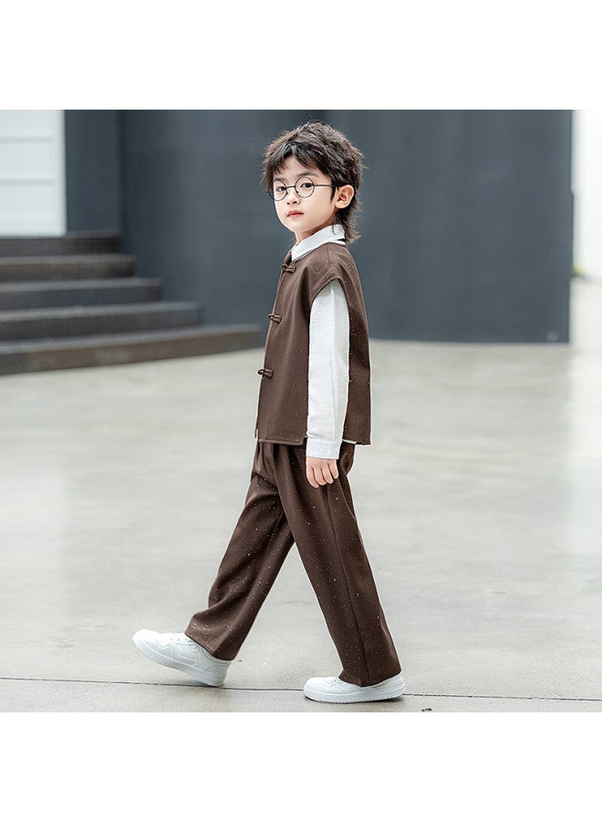 Luobobeibei Boys' Spring Summer New Chinese Style Suit Chinese Style Vest Set Performance Suit Brown Four-piece Set 120 - Image 2