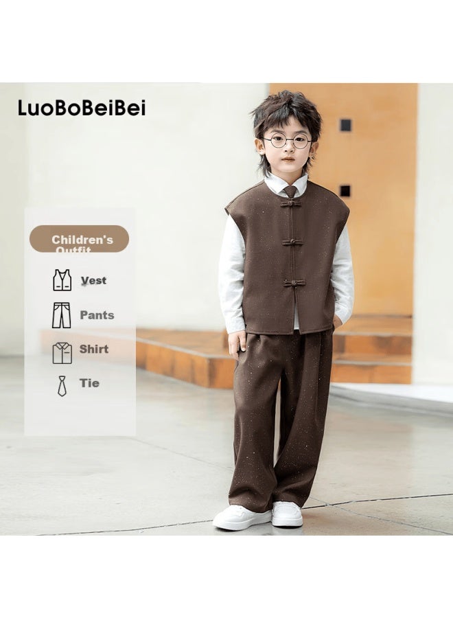 Luobobeibei Boys' Spring Summer New Chinese Style Suit Chinese Style Vest Set Performance Suit Brown Four-piece Set 120 - Image 1