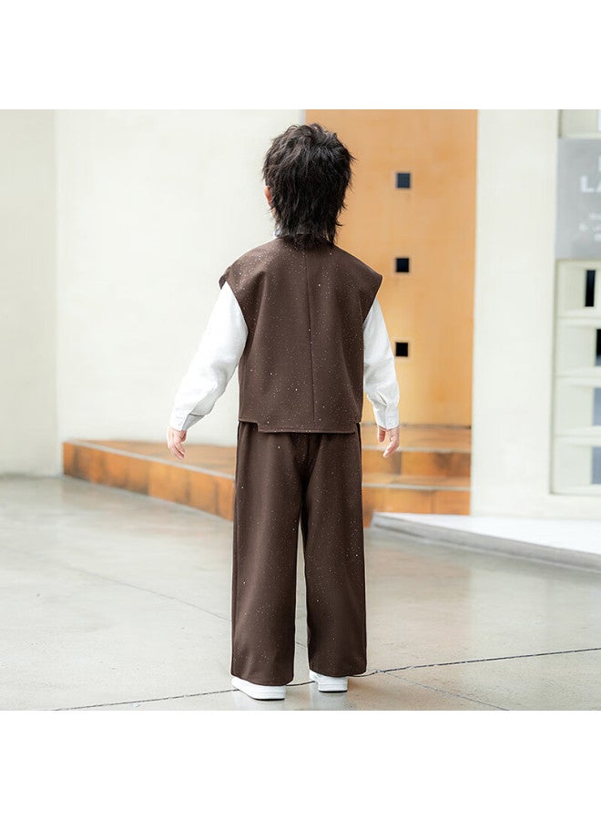 Luobobeibei Boys' Spring Summer New Chinese Style Suit Chinese Style Vest Set Performance Suit Brown Four-piece Set 120 - Image 3