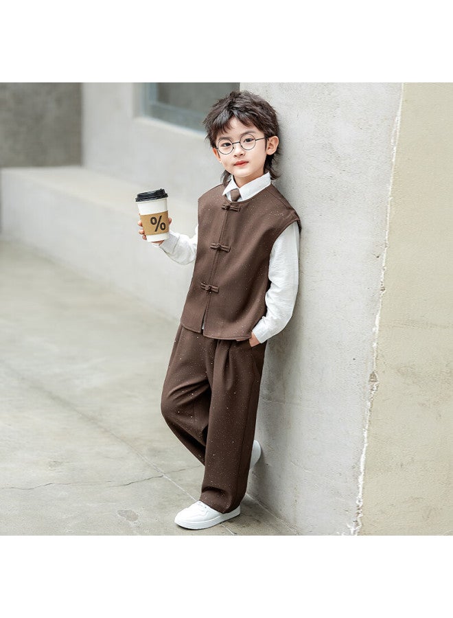 Luobobeibei Boys' Spring Summer New Chinese Style Suit Chinese Style Vest Set Performance Suit Brown Four-piece Set 120 - Image 4
