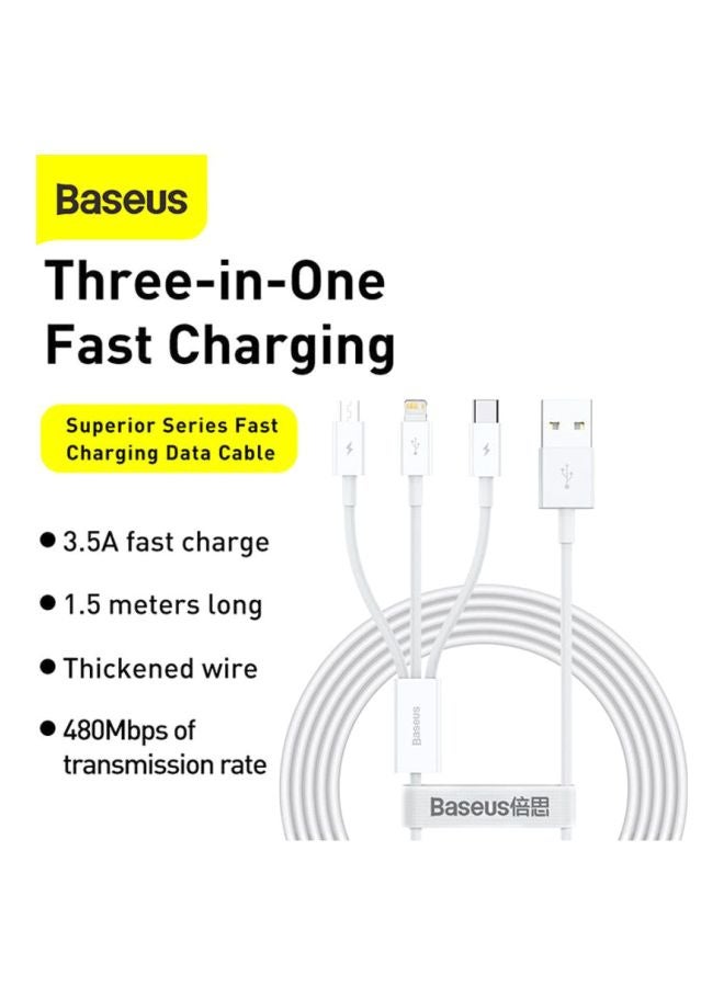 بيسوس كابل شحن سريع متعدد 3 في 1، بتصميم ذكي متوافق مع آيفون/ منفذ Type C/ مايكرو USB لأجهزة آيفون وآيباد ومنافذ مايكرو USB والهواتف الذكية Type C، يدعم الشحن السريع ومزود بعدد 3 منافذ أبيض - Image 3